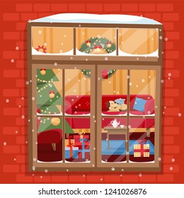 Winter night scene of window with Christmas tree, furnuture, wreath and pets.