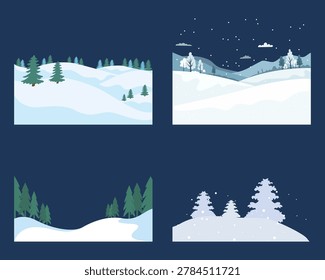 Winter night scenery backgrounds. Flat vector illustration of cold snow mountains and frozen forest for Christmas holiday design.