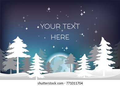 Winter night scenery with Christmas tree, moon and stars. Paper cut style design. Winter landscape in night. Place for you text. Trendy vector illustration for background, cards or banners.