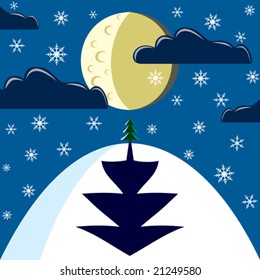Winter night scenery with moon and conifer (fir) tree and snowflakes.