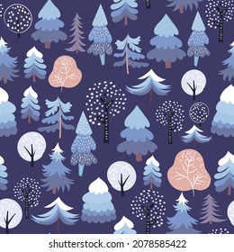Winternacht nahtloses Muster mit Weihnachtsbäumen, Sträuchern auf dunklem Hintergrund. Stilisierte Tannenbäume kreativer Druck in einem einfachen handgezeichneten Stil für Textilien, Wickelpapier, Postkarten. Vektorgrafik