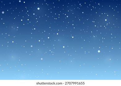 Winter night sky backdrop. Peaceful winter scene with falling snow at night sky. Dreamy seasonal vector for Christmas or New Year greeting card, holiday banner, winter kids book, and festive designs