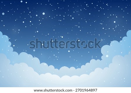 Winter night sky background. Peaceful winter scene with falling snow, fluffy clouds and starry night sky. Dreamy seasonal backdrop for Christmas greeting card, holiday banner or kids book designs. EPS