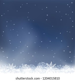 Winter night sky background with snow. Frosty close-up wintry snowflakes. Ice shape pattern. Christmas holiday decoration backdrop
