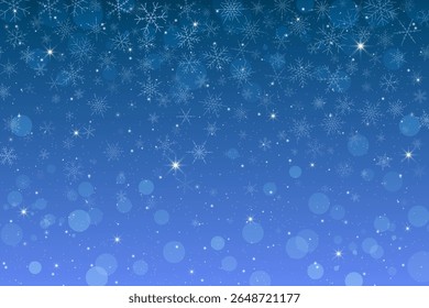 Winter night sky with dark blue background filled with stars and a galaxy, falling snowflakes, sparkling with bokeh effects. Celestial lights glow, creating a magical, cosmic atmosphere. Vector