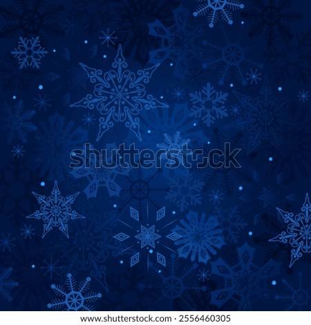 Winter night sky snowflake square background. Christmas backdrop, copy space. Snow blizzard on navy blue deep color gradient. Glowing snowflakes on dark blue back. Vector Xmas holiday illustration.