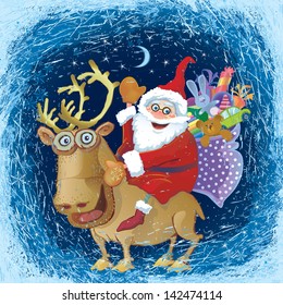 Winter night sky visible through the frosted window. Jolly Santa on a reindeer.