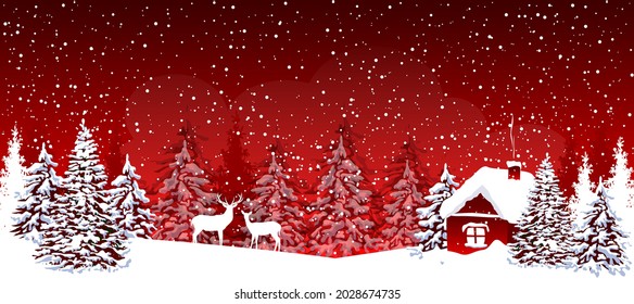 Winter night. Small house in a beautiful winter forest. Deer. Snow, snowflakes. Red background.