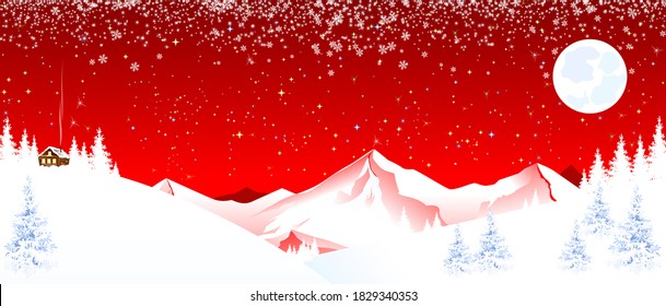 Winter night. Snow, forest, mountains. Shining stars, moon and snowflakes in the night sky. Small house on the mountain. Mountain winter landscape. Red background.