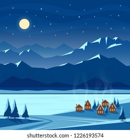 Winter night snow landscape with moon, mountains, hills, fir trees, cozy houses with lighted windows, river, lake. Christmas and new year welcoming. Flat vector illustration.