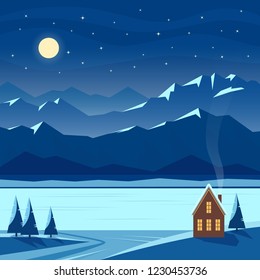 Winter night snow landscape with moon, mountains, hills, stars, fir trees, river, lake, cozy house with lighted windows, village cottage. Christmas and new year welcoming. Flat vector illustration.