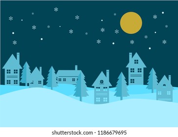 Winter night and snow with moon light in the town. Merry christmas and happy new years.