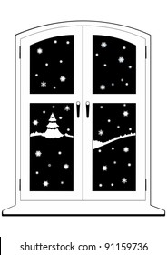 Winter night. Snow outside the window. Black and white illustration.