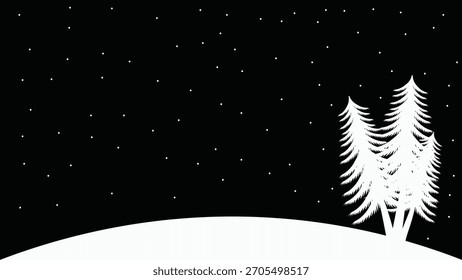 Winter night snow in a pine forest in the mountains. Pine trees covered with snow