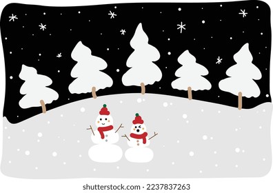 winter at night with snow rain and snowman