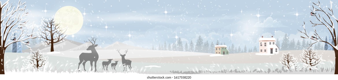 Winter night with snowdrifts, blizzard, firs and pine tree forest, Winter landscape scene of  reindeers family standing in forest with storm, windy and heavy snowfall with full moon background.