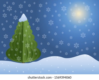 winter night. it snows and falls on spruce. the moon shines through the clouds