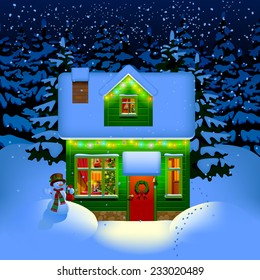 Winter night with spruce forest in the snow and alone illuminated green wooden Christmas house. Christmas and New Year greeting card. Vector illustration