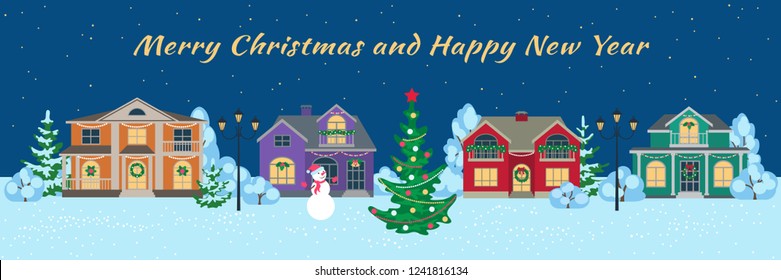 Winter night street with Christmas tree,  decorations and Merry Christmas and Happy New Year lettering. Christmas and New Year greeting card, background, banner, poster. Vector flat style illustration