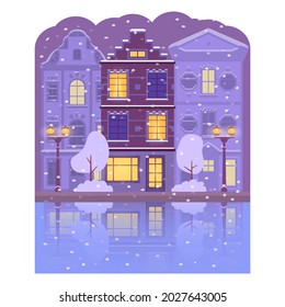 Winter night street with house facades. Glowing lanterns. Amsterdam city skyline. The buildings are reflected in the river.Vector flat illustration.