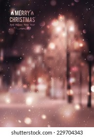 Winter night street, vector blurred background. Merry christmas and happy new year.