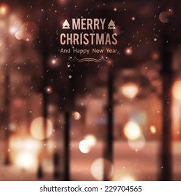 Winter night street, vector blurred background. Merry christmas and happy new year.
