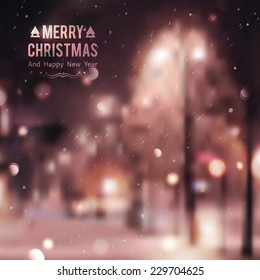 Winter night street, vector blurred background. Merry christmas and happy new year.