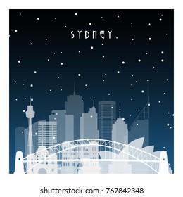 Winter night in Sydney. Night city in flat style for banner, poster, illustration, game, background.