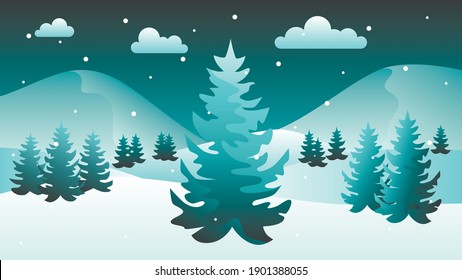 Winter night time. Winter landscape with snowdrifts and snowy fir trees. Seasonal nature background. Vector illustration.