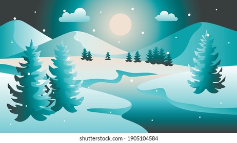 Winter night time. Winter night landscape with snowdrifts and snowy fir trees. Seasonal nature background. Frosty snow hills. Snowy background. Snowdrifts. Snowfall. Moonlight. Vector illustration.