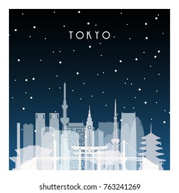 Winter night in Tokyo. Night city in flat style for banner, poster, illustration, game, background.