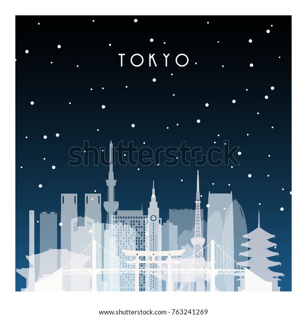 東京の冬の夜 バナー ポスター イラスト ゲーム 背景に平らなスタイルの夜の町 のベクター画像素材 ロイヤリティフリー