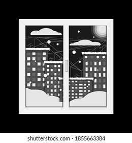 winter night town with moon, view from the window. gray scale flat vector illustration