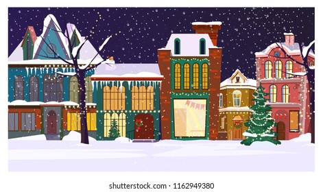 Winter night townscape with houses and decorated fir-tree. Night town scene vector illustration. Christmas Eve concept. For websites, wallpapers, posters or banners.