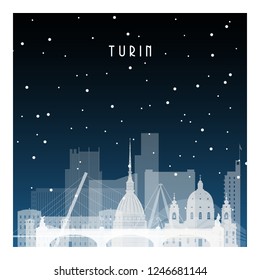 Winter night in Turin. Night city in flat style for banner, poster, illustration, background.