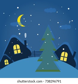 Winter night village. Flat design. Vector illustration