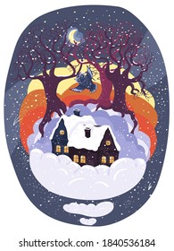 Winter night in the village with owl and snowflakes