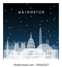 Winter night in Washington. Night city in flat style for banner, poster, illustration, game, background.