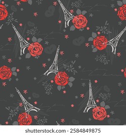 Winter Nights And Love is in the Air Eiffel Tower and Red Roses Pattern Hand drawn sketchy style love doodles seamless vector