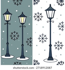 Noches de invierno sin patrón con calles nevadas farolas brillantes y copos de nieve que caen para un concepto de invierno urbano acogedor como patrón de invierno urbano acogedor con calles nevadas farolas y copos de nieve que caen para un ambiente cálido de invierno en Foto de archivo Concepto y espacio vacío en el lado izquierdo, sin texto --ar 7:2 --tile