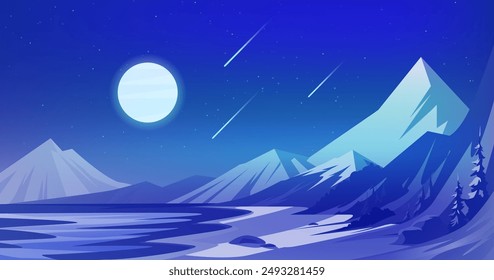Winter nordic landskape background with mountains and lake. Night sky against the background of the moon.