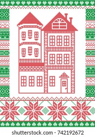 Winter Nordic style and inspired by Scandinavian Christmas pattern illustration in cross stitch including tall gingerbread house with tower, snowflake, decor seamless ornate patterns  in red, green