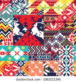 Winter Nordic style knitted jacquard fabric patchwork background, Vector abstract jacquard seamless pattern wallpaper