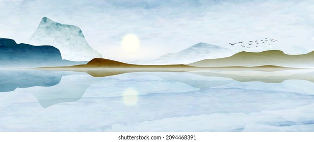Winter nordic watercolor background with mountains and hills on the sea. Art background for wallpaper, print, home decor