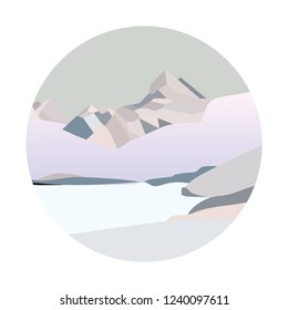 Winter north mountain landscape. Simple flat vector illustration. Snow land background with hills mountains and frozen lake. Alaska landscape.