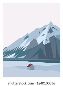 Winter north mountain landscape. Simple flat vector illustration. Snow land background with hills mountains and frozen lake. Alaska landscape.