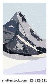 Winter north mountain landscape. Simple flat vector illustration. Snow land background with hills mountains and frozen lake. Alaska landscape.