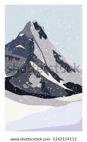 Winter north mountain landscape. Simple flat vector illustration. Snow land background with hills mountains and frozen lake. Alaska landscape.