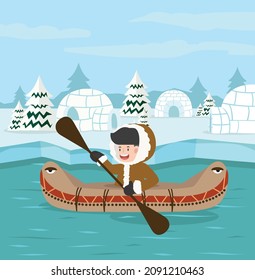 winter north pole arctic with Eskimo boat 