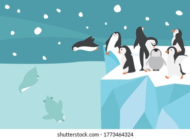 Winter North pole Arctic penguin group small landscape background